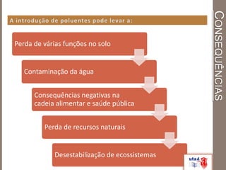 CONSEQUÊNCIAS
Perda de várias funções no solo
Contaminação da água
Consequências negativas na
cadeia alimentar e saúde pública
Perda de recursos naturais
Desestabilização de ecossistemas
 