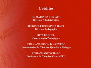 Créditos

        IR. MARINEZ ROSSATO
         Diretora Administrativa

     IR ROSELI TERESINHA HART
          Diretora Pedagógica

            RITA RANGEL
         Coordenação Pedagógica

    ÁTILA ANDERSON D. AZEVEDO
Coordenador de Ciências, Química e Biologia

        ADRIANA GOTSCHALG
    Professora de Ciências 6º ano - EFII
 