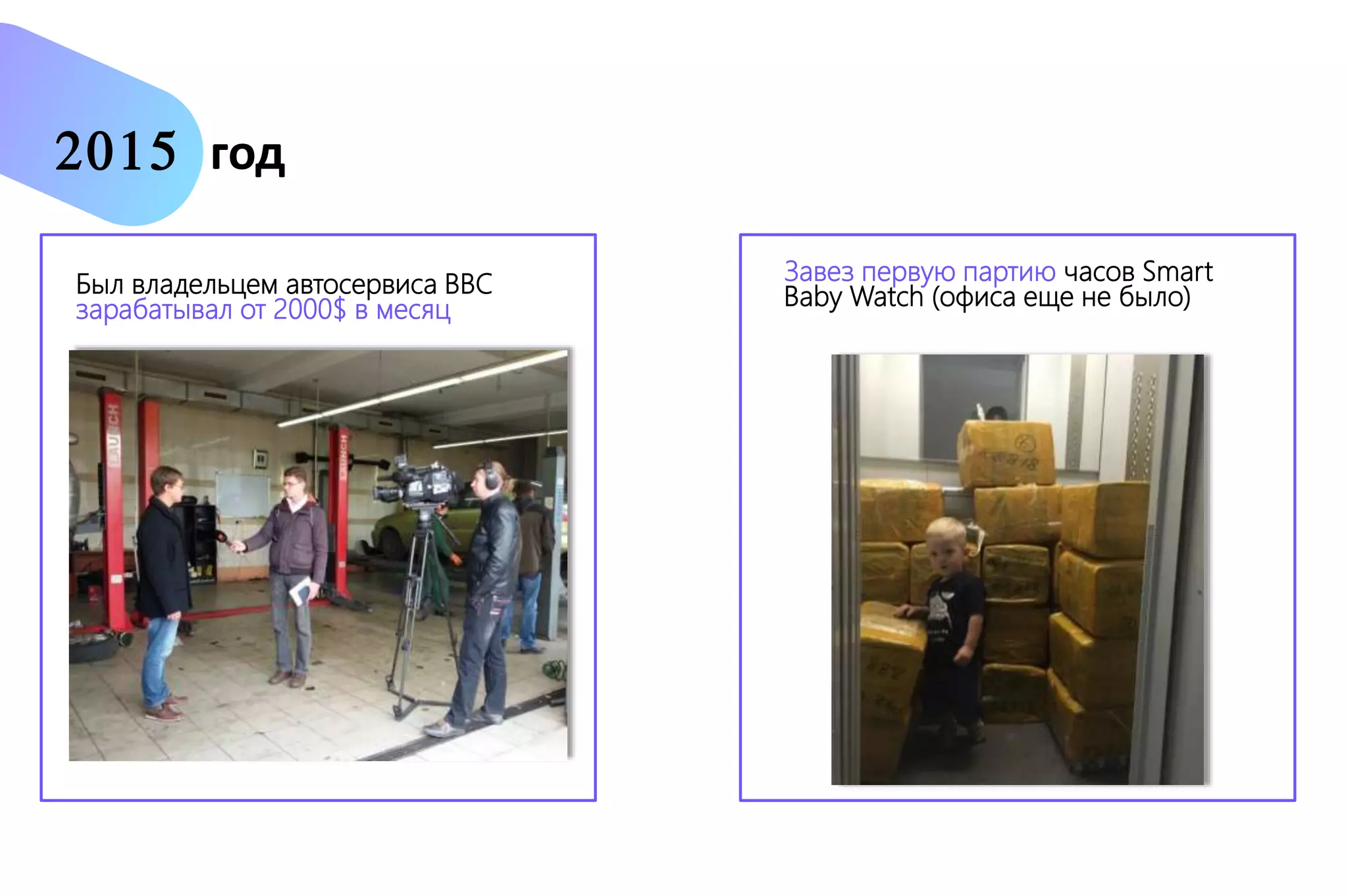 Был владельцем автосервиса ВВС
зарабатывал от 2000$ в месяц
Завез первую партию часов Smart
Baby Watch (офиса еще не было)
2015 год
 