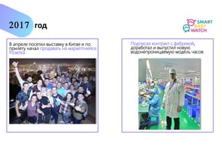 В апреле посетил выставку в Китае и по
прилету начал продавать на маркетплейсе
Розетка
Подписал контракт с фабрикой,
доработал и выпустил новую
водонепроницаемую модель часов
2017 год
 