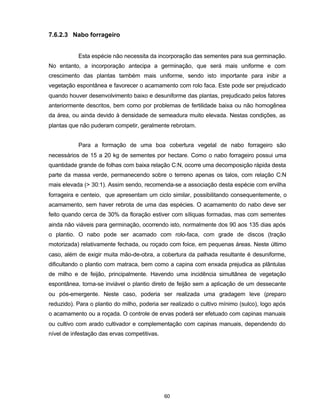 60
7.6.2.3 Nabo forrageiro
Esta espécie não necessita da incorporação das sementes para sua germinação.
No entanto, a incorporação antecipa a germinação, que será mais uniforme e com
crescimento das plantas também mais uniforme, sendo isto importante para inibir a
vegetação espontânea e favorecer o acamamento com rolo faca. Este pode ser prejudicado
quando houver desenvolvimento baixo e desuniforme das plantas, prejudicado pelos fatores
anteriormente descritos, bem como por problemas de fertilidade baixa ou não homogênea
da área, ou ainda devido à densidade de semeadura muito elevada. Nestas condições, as
plantas que não puderam competir, geralmente rebrotam.
Para a formação de uma boa cobertura vegetal de nabo forrageiro são
necessários de 15 a 20 kg de sementes por hectare. Como o nabo forrageiro possui uma
quantidade grande de folhas com baixa relação C:N, ocorre uma decomposição rápida desta
parte da massa verde, permanecendo sobre o terreno apenas os talos, com relação C:N
mais elevada (> 30:1). Assim sendo, recomenda-se a associação desta espécie com ervilha
forrageira e centeio, que apresentam um ciclo similar, possibilitando consequentemente, o
acamamento, sem haver rebrota de uma das espécies. O acamamento do nabo deve ser
feito quando cerca de 30% da floração estiver com síliquas formadas, mas com sementes
ainda não viáveis para germinação, ocorrendo isto, normalmente dos 90 aos 135 dias após
o plantio. O nabo pode ser acamado com rolo-faca, com grade de discos (tração
motorizada) relativamente fechada, ou roçado com foice, em pequenas áreas. Neste último
caso, além de exigir muita mão-de-obra, a cobertura da palhada resultante é desuniforme,
dificultando o plantio com matraca, bem como a capina com enxada prejudica as plântulas
de milho e de feijão, principalmente. Havendo uma incidência simultânea de vegetação
espontânea, torna-se inviável o plantio direto de feijão sem a aplicação de um dessecante
ou pós-emergente. Neste caso, poderia ser realizada uma gradagem leve (preparo
reduzido). Para o plantio do milho, poderia ser realizado o cultivo mínimo (sulco), logo após
o acamamento ou a roçada. O controle de ervas poderá ser efetuado com capinas manuais
ou cultivo com arado cultivador e complementação com capinas manuais, dependendo do
nível de infestação das ervas competitivas.
 
