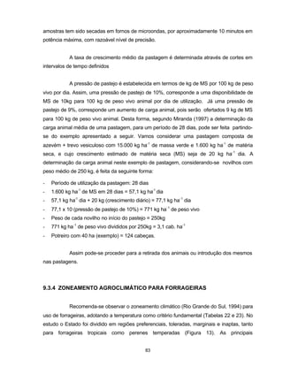 83
amostras tem sido secadas em fornos de microondas, por aproximadamente 10 minutos em
potência máxima, com razoável nível de precisão.
A taxa de crescimento médio da pastagem é determinada através de cortes em
intervalos de tempo definidos
A pressão de pastejo é estabelecida em termos de kg de MS por 100 kg de peso
vivo por dia. Assim, uma pressão de pastejo de 10%, corresponde a uma disponibilidade de
MS de 10kg para 100 kg de peso vivo animal por dia de utilização. Já uma pressão de
pastejo de 9%, corresponde um aumento de carga animal, pois serão ofertados 9 kg de MS
para 100 kg de peso vivo animal. Desta forma, segundo Miranda (1997) a determinação da
carga animal média de uma pastagem, para um período de 28 dias, pode ser feita partindo-
se do exemplo apresentado a seguir. Vamos considerar uma pastagem composta de
azevém + trevo vesiculoso com 15.000 kg ha-1
de massa verde e 1.600 kg ha-1
de matéria
seca, e cujo crescimento estimado de matéria seca (MS) seja de 20 kg ha-1
dia. A
determinação da carga animal neste exemplo de pastagem, considerando-se novilhos com
peso médio de 250 kg, é feita da seguinte forma:
- Período de utilização da pastagem: 28 dias
- 1.600 kg ha-1
de MS em 28 dias = 57,1 kg ha-1
dia
- 57,1 kg ha-1
dia + 20 kg (crescimento diário) = 77,1 kg ha-1
dia
- 77,1 x 10 (pressão de pastejo de 10%) = 771 kg ha-1
de peso vivo
- Peso de cada novilho no início do pastejo = 250kg
- 771 kg ha-1
de peso vivo divididos por 250kg = 3,1 cab. ha-1
- Potreiro com 40 ha (exemplo) = 124 cabeças.
Assim pode-se proceder para a retirada dos animais ou introdução dos mesmos
nas pastagens.
9.3.4 ZONEAMENTO AGROCLIMÁTICO PARA FORRAGEIRAS
Recomenda-se observar o zoneamento climático (Rio Grande do Sul, 1994) para
uso de forrageiras, adotando a temperatura como critério fundamental (Tabelas 22 e 23). No
estudo o Estado foi dividido em regiões preferenciais, toleradas, marginais e inaptas, tanto
para forrageiras tropicais como perenes temperadas (Figura 13). As principais
 