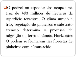 O podzol ou espodossolos ocupa uma
área de 480 milhões de hectares da
superfície terrestre. O clima úmido e
frio, vegetação de pinheiros e substrato
arenoso determina o processo de
migração do ferro e húmus. Horizontes
O podem se formarem nas florestas de
pinheiros com húmus acido.
 