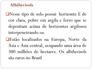 Albiluvisols
Nesse tipo de solo possui horizonte E de
cor clara, pobre em argila e ferro que se
depositam acima de horizontes argilosos
interpenetrando-os.
Estão localizados na Europa, Norte da
Àsia e Ásia central, ocupando uma área de
300 milhões de hectares. Os albiluvisols
são raros no Brasil
 
