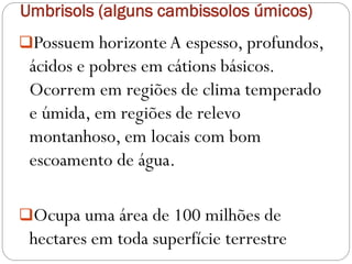 Umbrisols (alguns cambissolos úmicos)
Possuem horizonteA espesso, profundos,
ácidos e pobres em cátions básicos.
Ocorrem em regiões de clima temperado
e úmida, em regiões de relevo
montanhoso, em locais com bom
escoamento de água.
Ocupa uma área de 100 milhões de
hectares em toda superfície terrestre
 