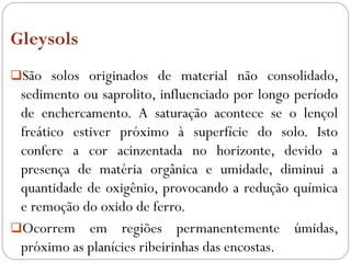 Gleysols
São solos originados de material não consolidado,
sedimento ou saprolito, influenciado por longo período
de enchercamento. A saturação acontece se o lençol
freático estiver próximo à superfície do solo. Isto
confere a cor acinzentada no horizonte, devido a
presença de matéria orgânica e umidade, diminui a
quantidade de oxigênio, provocando a redução química
e remoção do oxido de ferro.
Ocorrem em regiões permanentemente úmidas,
próximo as planícies ribeirinhas das encostas.
 