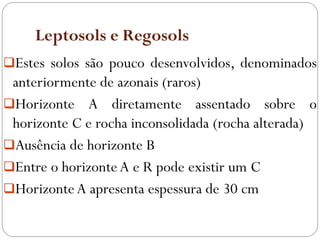 Leptosols e Regosols
Estes solos são pouco desenvolvidos, denominados
anteriormente de azonais (raros)
Horizonte A diretamente assentado sobre o
horizonte C e rocha inconsolidada (rocha alterada)
Ausência de horizonte B
Entre o horizonte A e R pode existir um C
HorizonteA apresenta espessura de 30 cm
 