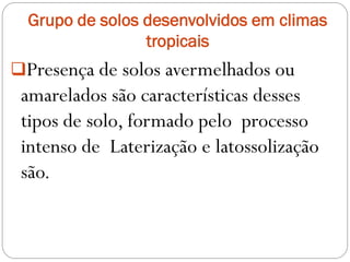 Grupo de solos desenvolvidos em climas
tropicais
Presença de solos avermelhados ou
amarelados são características desses
tipos de solo, formado pelo processo
intenso de Laterização e latossolização
são.
 