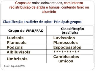 Grupos de solos acinzentados, com intensa
redistribuição de argila e húmus, contendo ferro ou
alumínio
Grupo do WRB/FAO
Classificação
brasileira
Luvisols Luvissolos
Planosols Planossolos
Podzols Espodossolos
Albiluvisols **********
Umbrisols
Cambissolos
umicos
Classificação brasileira de solos- Principais grupos:
Fonte. Lepsch (2002)
 