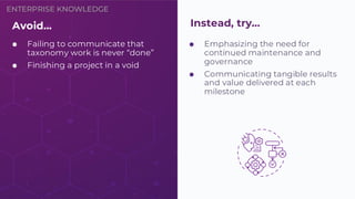 ENTERPRISE KNOWLEDGE
⬢ Emphasizing the need for
continued maintenance and
governance
⬢ Communicating tangible results
and value delivered at each
milestone
Avoid…
⬢ Failing to communicate that
taxonomy work is never “done”
⬢ Finishing a project in a void
Instead, try…
 