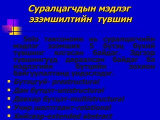 Суралцагчдын мэдлэг  эзэмшилтийн  түвшин Solo  таксономи нь суралцагчийн мэдлэг эзэмших 5 бүтэц бүхий түвшинг ялгасан байдаг. Эдгээр түвшингүүд дараалсан байдаг ба мэдлэгийн бүтцийн зохион байгуулалтанд үндэслэдэг.  Бүтэцгүй - prestructural Дан бүтцэт -unistructural Давхар бүтцэт -multistructural Учир шалтгаант -relational Хийсвэр -extended abstract 