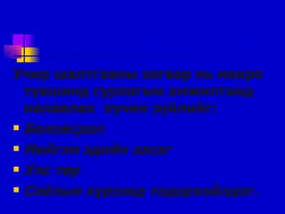 Учир шалтгааны загвар нь макро түвшинд сурлагын амжилтанд нөлөөлөх  хүчин зүйлийг :   Боловсрол Нийгэм эдийн засаг Улс төр Соёлын хүрээнд тодорхойлдог. 