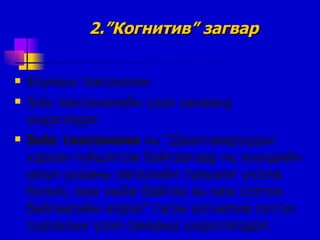 2.”Когнитив” загвар   Блумын таксономи Solo  таксономийн үзэл санаанд үндэслэдэг. Solo  таксономи  нь “Даалгаваруудыг хэрхэн гүйцэтгэж байгаагаар нь хүүхдийн оюун ухааны хөгжлийн түвшинг үнэлж болно,   яаж хийж байгаа нь   яаж сэтгэж байгаагийн илрэл” гэсэн когнитив сэтгэл судлалын үзэл санаанд үндэслэгддэг. 