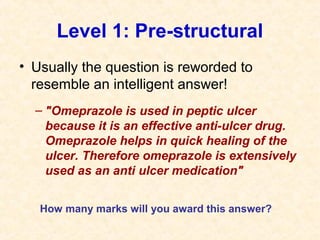 Level 1: Pre-structural
• Usually the question is reworded to
resemble an intelligent answer!
– "Omeprazole is used in peptic ulcer
because it is an effective anti-ulcer drug.
Omeprazole helps in quick healing of the
ulcer. Therefore omeprazole is extensively
used as an anti ulcer medication"
How many marks will you award this answer?
 
