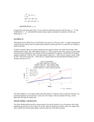 
                  :     (1  ) s
                            s
                    1
                  : 1  ) s (1  )
                     ( s          
                  : s(1  )  s s
                             

         GOLDEN RULE : s 

                                                                                              
Compare the result to the plots above. For two otherwise identical economies with the same  = .75, the
Golden Rule is s = .75, and indeed the steady state per capita consumption is optimizes in both cases
identically at s = .75.


EXAMPLE #4

Although the Solow Model does not itself build in any sense of a “business cycle”, or suggest anything like
a shock (all plots clearly show the model predicts perfectly uniform growth!), we ourselves can introduce a
shock at any time.

Consider a scenario where an economy experiences two negative shocks, one small and one large, and a
medium positive shock. The small negative shock (at t = 50) is causes by news that a sector (e.g. the energy
sector) has been substantially over invested, profits are predicted to be negative, and therefore investment
capital is withdrawn: k falls by 20%. The large negative shock (at t = 100) is due to a massive storm: k falls
by 50%. The positive shock (at t = 150) is due to a capital infusion by the International Monetary Fund: k
instantly increases by 15%.
                                                                S ol ow Growth Mode l
                                                         pe r capi ta capi tal k (t) e vol u ti on :
                                                  Ne gati ve s h ock at t = 50: k drops by 20%.
                                                  Ne gati ve sh ock at t = 100: k drops by 50%.
                                                 Posti i ve sh ock at t = 150: k i n cre ase s by 15%
                           60
                                    Neg at ive S ho cks
                           50       red uce t he cap it al
                                    s t o ck, b ut g ro wt h is
                                                                                                   k(t)
                           40       hig her at lo wer k, and
                k = K /N




                                    t he s t ead y s t at e k is
                           30       always t he s ame.


                           20
                                                                                                        y(t)

                           10
                           0
                                1                                  51           101                     151

                                                                            Time t
                                                                                                               k(t )   y(t )



The Solow Model is a very simple model in the final analysis: at whatever point or state the economy is in,
growth immediately occurs (fast if k is small, slow if k is large), while the standard of living y slowly
approaches the long-run steady state.

SOLOW MODEL AND REALITY

The Solow Model predicts growth is always positive, but slowly declines to zero. Economies with a high
population growth rate can never take-over. In fact, otherwise identical economies where one simply starts
with a smaller level of per capita capital, will never take-over to the other economy.
 