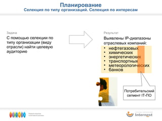 Задача С помощью селекции по типу организации (виду отрасли) найти целевую аудиторию Результат  Выявлены IP-диапазоны отраслевых компаний: нефтегазовых химических энергетических транспортных метеорологических банков Потребительский сегмент  IT- ПО Планирование Селекция по типу организаций. Селекция по интересам 