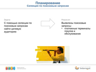 Задача С помощью селекции по поисковым запросам найти целевую аудиторию Результат  Выявлены  поисковые запросы : платежные терминалы покупка и обслуживание Планирование Селекция по поисковым запросам 