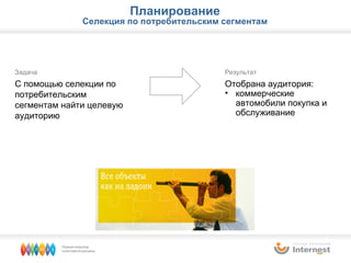 Задача С помощью селекции по потребительским сегментам найти целевую аудиторию Результат  Отобрана аудитория: коммерческие автомобили покупка и обслуживание Планирование Селекция по потребительским сегментам 
