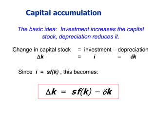 Capital accumulation
Change in capital stock = investment – depreciation
k = i – k
Since i = sf(k) , this becomes:
k = sf(k) – k
The basic idea: Investment increases the capital
stock, depreciation reduces it.
 