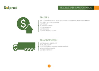 19
TRADERS AND TRANSPORTATION
PJSC ‘GOSUDARSTVENNAYA PRODOVOLSTVENNO-ZERNOVAYA KORPORATSIYA UKRAINY’
LLC ‘NOBLE RESOURCES UKRAINE’
LLC ‘SATELLIT’
SE WITH II ‘SUNTRADE’
LLC ‘OPTIMUS PLUS’
LLC ‘AT CARGILL’
LLC ‘ADM TRADING UKRAINE’
LLC ‘KOMPANIYA AGROTRANS’
PE ‘ATLANTA-AGRO’
LLC ‘ALEKSANDRIYSKAYA ZERNOVAYA KOMPANIYA’
‘KOMPANIYA ZERNOPROM’
LLC ‘AZOVAVTOTRANS’
TRADERS
TRANSPORTATION
 