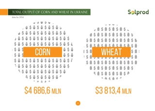 22
TOTAL OUTPUT OF CORN AND WHEAT IN UKRAINE
$4 686,6 MLN $3 813,4 MLN
CORN WHEAT
data for 2014
 