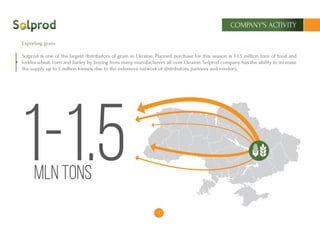 9
COMPANY’S ACTIVITY
Exporting grain:
Solprod is one of the largest distributors of grain in Ukraine. Planned purchase for this season is 1-1.5 million tons of food and
fodder wheat, corn and barley by buying from many manufacturers all over Ukraine. Solprod company has the ability to increase
the supply up to 5 million tonnes, due to the extensive network of distributors, partners and vendors.
mln tons
 