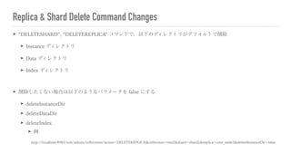 Replica & Shard Delete Command Changes
➤ “DELETESHARD”, “DELETEREPLICA” コマンドで，以下のディレクトリがデフォルトで削除
➤ Instance ディレクトリ
➤ Data ...