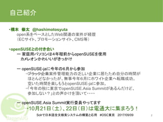 Solrで日本語全文検索システムの構築と応用 #OSC東京 2017/09/09
自己紹介
・橋本　修太　@hashimotosyuta
open系をベースとしたWeb関連の案件が経歴
（ECサイト、プロモーションサイト、CMS等）
・openSUSEとの付き合い
ー 家庭用パソコンは４年程前からopenSUSEを使用
　 カメレオンかわいいがきっかけ
ー openSUSE-jaに今年の６月から参加
⇢ブラック企業案件管理能力の乏しい企業に居たため自分の時間が
　ほとんどなかったが、無事今年６月にホワイト企業へ転職成功。
　空いた時間を楽しもうとopenSUSE-jaに参加。
⇢「今年の秋に東京でopenSUSE.Asia Summitがあるんだけど、
　参加しない？」との声かけを頂いて・・・・
ー openSUSE.Asia Summit実行委員やってます
⇢10月21日（土）、22日（日）は電通大に集まろう！
2
 