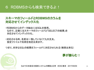 Solrで日本語全文検索システムの構築と応用 #OSC東京 2017/09/09
６　RDBMSからも検索できるよ！
スキーマのフィールドとRDBMSのカラムを
対応させてインデックス化
・RDBMSからのデータ抽出にはSQLを使用。
　なので、正確にはスキーマのフィールドと「SELECTの結果」を
　対応させてインデックス化。
・対応させる時、名前は一致していなくても大丈夫。
　設定ファイルで名前を指定出来ます。
つまり、好きなSQLの結果をフィールドに対応させられる（検索出来る）
29
夢が膨らむ！
 