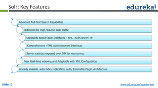 Slide 13Slide 13Slide 13 www.edureka.co/apache-solr
Advanced Full-Text Search Capabilities
Optimized for High Volume Web Traffic
Standards Based Open Interfaces - XML, JSON and HTTP
Comprehensive HTML Administration Interfaces
Server statistics exposed over JMX for monitoring
Near Real-time indexing and Adaptable with XML Configuration
Linearly scalable, auto index replication, auto, Extensible Plugin Architecture
Solr: Key Features
 