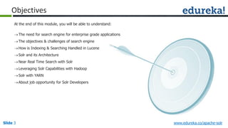 Slide 3 www.edureka.co/apache-solr
Objectives
At the end of this module, you will be able to understand:
The need for search engine for enterprise grade applications
The objectives & challenges of search engine
How is Indexing & Searching Handled in Lucene
Solr and its Architecture
Near Real Time Search with Solr
Leveraging Solr Capabilities with Hadoop
Solr with YARN
About job opportunity for Solr Developers
 