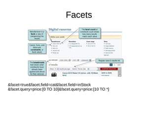 Facets
&facet=true&facet.field=cat&facet.field=inStock
&facet.query=price:[0 TO 10]&facet.query=price:[10 TO *]
 