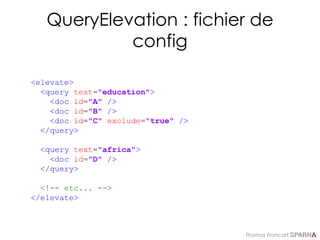 Thomas Francart,
QueryElevation : fichier de
config
<elevate>
<query text="education">
<doc id="A" />
<doc id="B" />
<doc id="C" exclude="true" />
</query>
<query text="africa">
<doc id="D" />
</query>
<!-- etc... -->
</elevate>
 