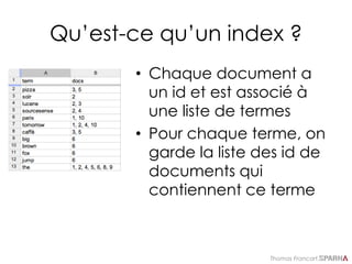 Thomas Francart,
Qu’est-ce qu’un index ?
• Chaque document a
un id et est associé à
une liste de termes
• Pour chaque terme, on
garde la liste des id de
documents qui
contiennent ce terme
 