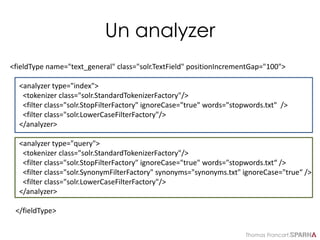 Thomas Francart,
Un analyzer
<fieldType name="text_general" class="solr.TextField" positionIncrementGap="100">
<analyzer type="index">
<tokenizer class="solr.StandardTokenizerFactory"/>
<filter class="solr.StopFilterFactory" ignoreCase="true" words="stopwords.txt" />
<filter class="solr.LowerCaseFilterFactory"/>
</analyzer>
<analyzer type="query">
<tokenizer class="solr.StandardTokenizerFactory"/>
<filter class="solr.StopFilterFactory" ignoreCase="true" words="stopwords.txt“ />
<filter class="solr.SynonymFilterFactory" synonyms="synonyms.txt" ignoreCase="true“ />
<filter class="solr.LowerCaseFilterFactory"/>
</analyzer>
</fieldType>
 