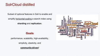 SolrCloud distilled 
Subset of optional features in Solr to enable and 
simplify horizontal scaling a search index using 
sharding and replication. 
Goals 
performance, scalability, high-availability, 
simplicity, elasticity, and 
community-driven! 
 