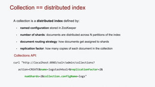 Collection == distributed index 
A collection is a distributed index defined by: 
• named configuration stored in ZooKeeper 
• number of shards: documents are distributed across N partitions of the index 
• document routing strategy: how documents get assigned to shards 
• replication factor: how many copies of each document in the collection 
Collections API: 
curl "http://localhost:8983/solr/admin/collections? 
action=CREATE&name=logstash4solr&replicationFactor=2& 
numShards=2&collection.configName=logs" 
 