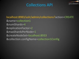 Collections API 
localhost:8983/solr/admin/collections?action=CREATE &name=collection1 &numShards=4 &replicationFactor=2 &maxShardsPerNode=1 &createNodeSet=localhost:8933 &collection.configName=collection1Config  