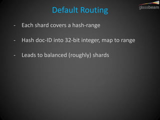 Default Routing 
-Each shard covers a hash-range 
-Hash doc-ID into 32-bit integer, map to range 
-Leads to balanced (roughly) shards  