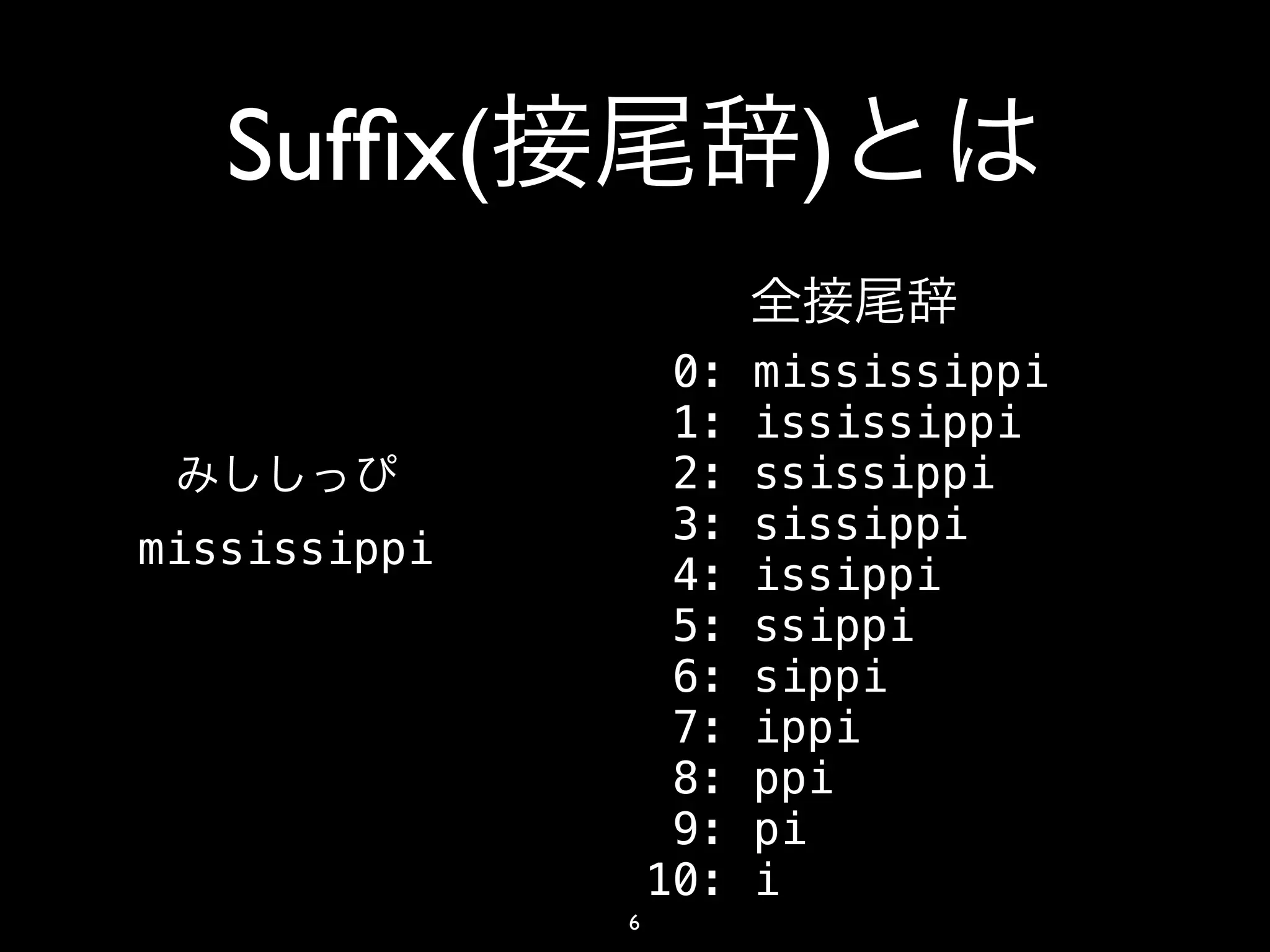 Sufﬁx(                )
                   0:   mississippi
                   1:   ississippi
                   2:   ssissippi
                   3:   sissippi
mississippi
                   4:   issippi
                   5:   ssippi
                   6:   sippi
                   7:   ippi
                   8:   ppi
                   9:   pi
                  10:   i
              6
 