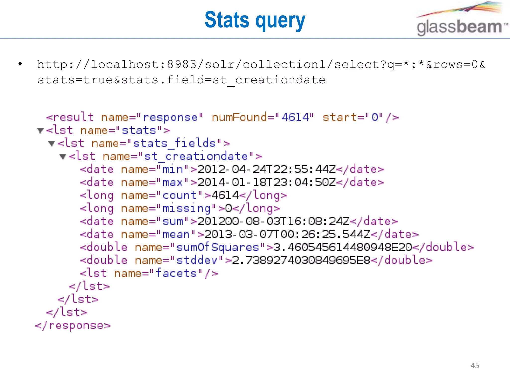 45
Stats query
• http://localhost:8983/solr/collection1/select?q=*:*&rows=0&
stats=true&stats.field=st_creationdate
 