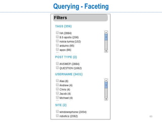 43
Querying (cont...)
• Simple text search
• http://localhost:8983/solr/collection1/stacksearch?q=da
ta
• Change number of rows retrieved
• http://localhost:8983/solr/collection1/stacksearch?q=da
ta&rows=20
• Pagination
• http://localhost:8983/solr/collection1/stacksearch?q=da
ta&rows=20&start=50
 