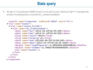 45
Querying (cont...)
• Searching multiple fields
• http://localhost:8983/solr/collection1/stacksearch?q=st
_post:data AND st_posttype:QUESTION
• NOT query
• http://localhost:8983/solr/collection1/stacksearch?q=NO
T st_post:data
• Boolean query
• http://localhost:8983/solr/collection1/stacksearch?q=st_post:(data+sensor)
• http://localhost:8983/solr/collection1/stacksearch?q=st_post:(data OR sensor)
• Sort Query
• http://localhost:8983/solr/collection1/stacksearch?q=st_post:data&fl=id,st_post,s
t_score&sort=st_score desc
 