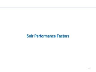 67
SolrCloud - Shard Splitting
• Can split shards into two sub-shards
• Live splitting. No downtime needed.
• Requests start being forwarded to sub-shards
automatically
• Expensive operation: Use as required during low traffic
 