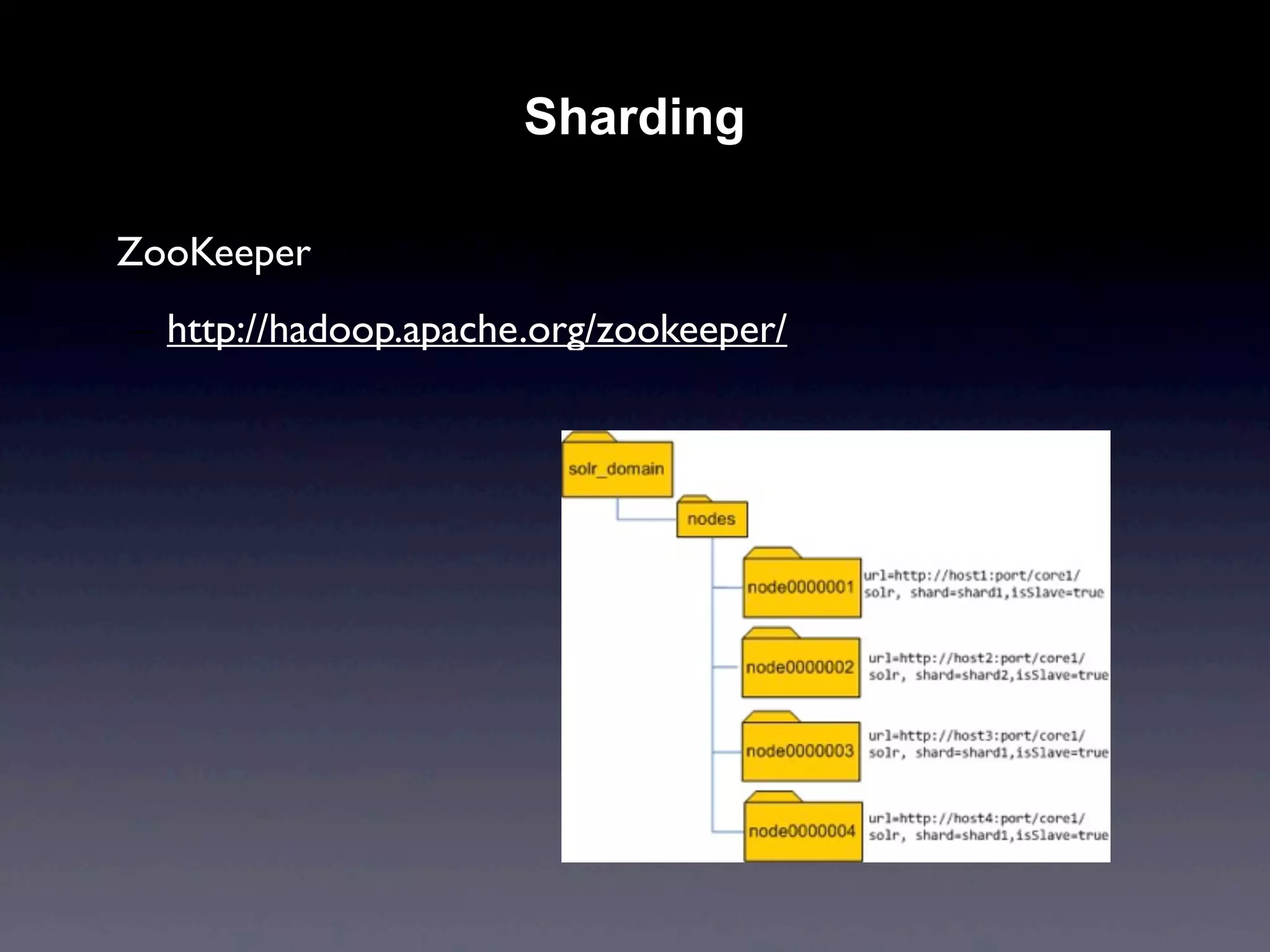 Sharding

• ZooKeeper
  – http://hadoop.apache.org/zookeeper/
 