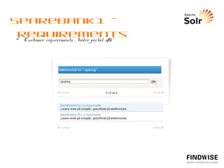SpareBank1 - Requirements
  Basic search features include


            High quality relevance and precision


            Relevant faceting


            Query completion


            Spell check and suggestions


            Search analytics
 