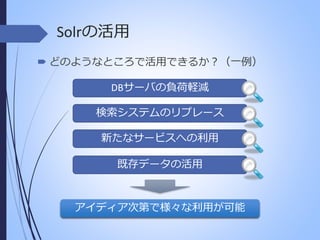 Solrの活用
 どのようなところで活用できるか？（一例）
DBサーバの負荷軽減

検索システムのリプレース
新たなサービスへの利用
既存データの活用

アイディア次第で様々な利用が可能

 