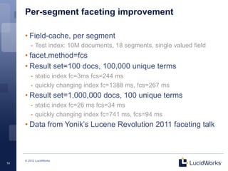 Per-segment faceting improvement

     • Field-cache, per segment
        -  Test index: 10M documents, 18 segments, single valued field
     • facet.method=fcs
     • Result set=100 docs, 100,000 unique terms
        -  static index fc=3ms fcs=244 ms
        -  quickly changing index fc=1388 ms, fcs=267 ms
     • Result set=1,000,000 docs, 100 unique terms
        -  static index fc=26 ms fcs=34 ms
        -  quickly changing index fc=741 ms, fcs=94 ms
     • Data from Yonik’s Lucene Revolution 2011 faceting talk



     © 2012 LucidWorks
14
 