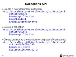 23 23
Collections API
l  Create a new document collection
http://localhost:8983/solr/admin/collections?	
  
	
  action=CREATE	
  	
  
	
  &name=mycollection	
  
	
  &numShards=4	
  
	
  &replicationFactor=3	
  
	
  
l  Delete a collection
http://localhost:8983/solr/admin/collections?	
  
	
  action=DELETE	
  
	
  &name=mycollection	
  
	
  
l  Create an alias to a collection (or a group of collections)
http://localhost:8983/solr/admin/collections?	
  
	
  action=CREATEALIAS	
  
	
  &name=tri_state	
  
	
  &collections=NY,NJ,CT	
  
 