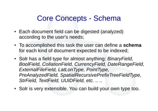 Core Concepts - Schema
● Each document field can be digested (analyzed)
according to the user's needs;
● To accomplished this task the user can define a schema
for each kind of document expected to be indexed;
● Solr has a field type for almost anything: BinaryField,
BoolField, CollationField, CurrencyField, DateRangeField,
ExternalFileField, LatLonType, PointType,
PreAnalyzedField, SpatialRecursivePrefixTreeFieldType,
StrField, TextField, UUIDField, etc. .. ..
● Solr is very extensible. You can build your own type too.
 